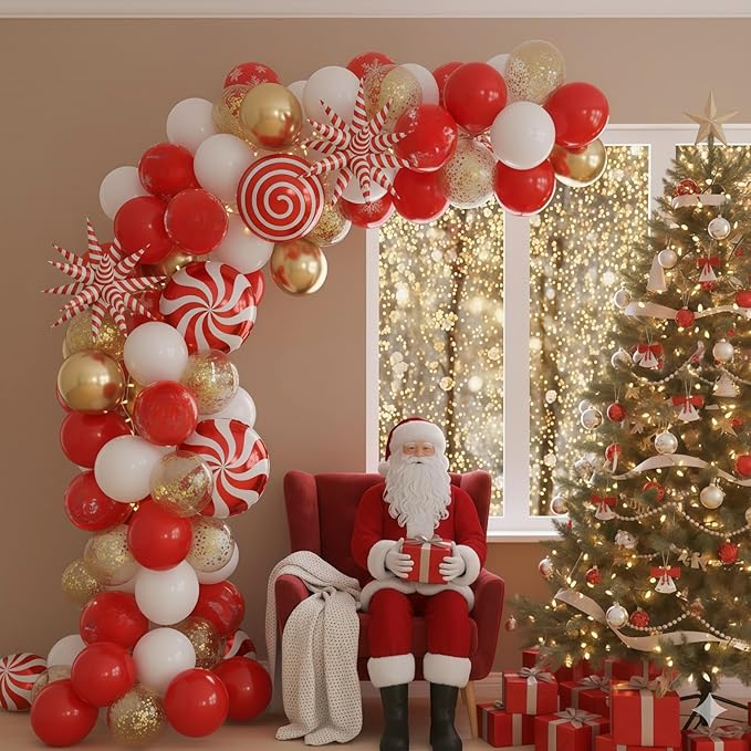 Red and Gold Christmas Balloon Set, 12 Inch Matte Red Metallic Gold Confetti White Latex Balloons with Exploding Star Candy Swirl Lollipop Foil Balloon for Xmas Birthday Baby Shower Party Decorations