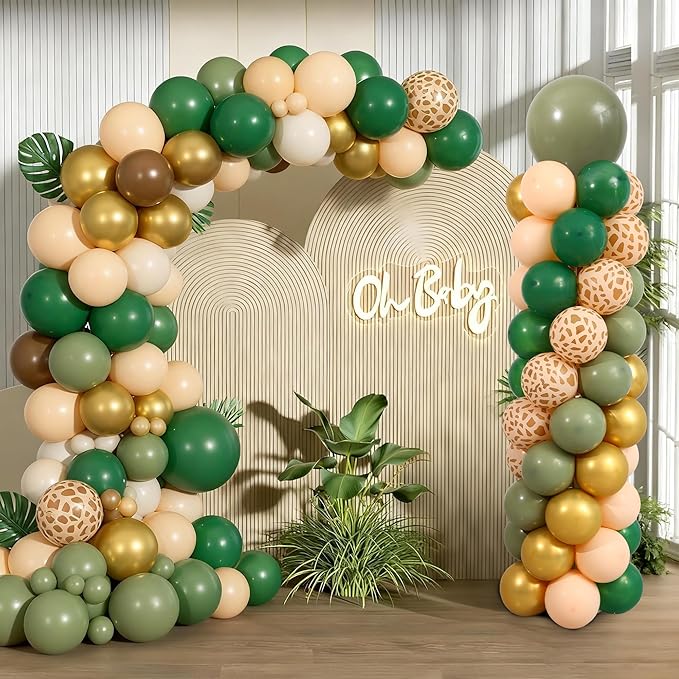 Green and Gold Balloon Column Stand Kit Set of 2, Safari Jungle Baby Shower Wild One Birthday Decorations with 145PCS Sage Green and Gold Animial Print Balloons for Woodland Animial Party Decorations