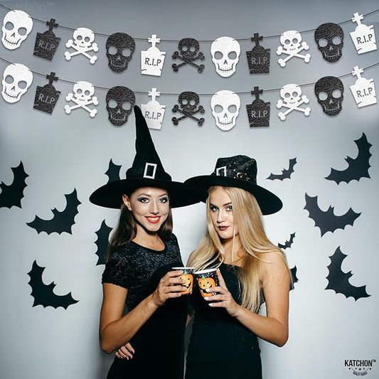 KatchOn, Black and White Skull Garland - 13 Feet, No DIY | halloween Garland for Skull Decorations | Halloween Decorations Indoor | Gothic Decor | Death to My 20s Birthday Party Decorations