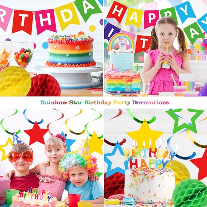 meowtastic Birthday Decorations, Happy Birthday Banner with Honeycomb Balls, Stars Hanging Swirls Streamers, Circle Dots Garland, Happy Birthday Party Decorations for Women Men Boys Girls (Rainbow)