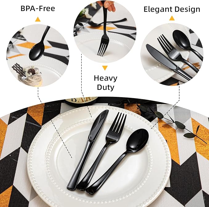N9R 200PCS Black Plastic Silverware, Heavy Duty Black Plastic Cutlery Set Disposable Flatware Dinnerware, 100 Forks, 50 Knives, 50 Spoons for Outdoor Events, Party, Wedding and Daily Use