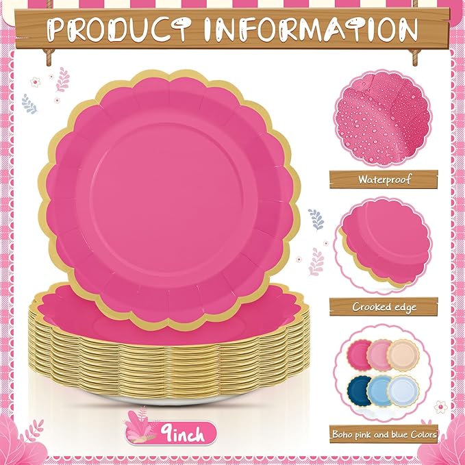 48 Pcs Pink Navy Blue Paper Plates 9 Inch Gradient Scalloped Paper Plates Disposable Dinner Dessert for Dancing Queen Birthday Wedding Bridal Party Supplies, 6 Colors