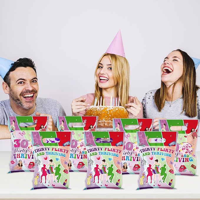 MOIZYNG 50Pcs Thirty Flirty and Thriving Birthday Gift Bags with Handles, 30 Flirty and Thriving Plastic Candy Treat Goodie Bags for Women 30th Birthday Party Favors Supplies