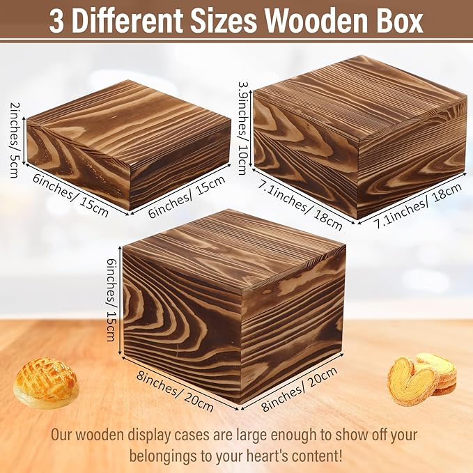 Barydat 3 Pcs Vintage Brown Wood Cake Stand Rustic Wooden Display Risers for Party Display Square Stackable Display Box for Dessert Appetizer Storage Organizer Engagement Reception Wedding Party