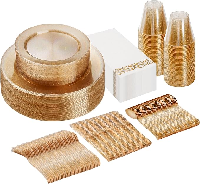 Goodluck 175 Pieces Dinnerware Set for 25 Guests, Plastic Plates Disposable for Party, Include: 50 Gold Glitter Plastic Plates, 25 Paper Napkins, 25 Cups, 25 Gold Glitter Silverware Set