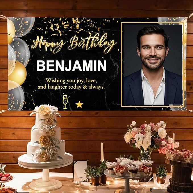 Happy Birthday Banner with Pictures Customized Backdrop and Name, Special Party Decoration for Husband Him Men Women, Personalized Banner for All Age Celebrations