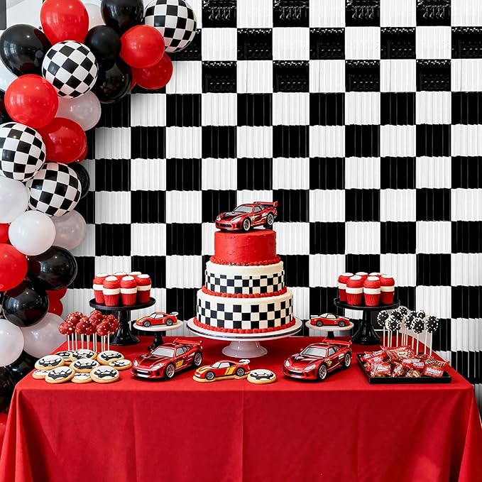 2 Packs Race Car Foil Fringe Curtain, Black White Checkered Glitter Metallic Tinsel Backdrop for Birthday, Baby Shower, Racing Car Truck One Happy Dude Party Decorations Supplies
