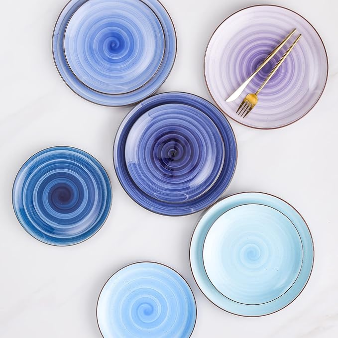 KitchenTour Ceramic Dinner Plates, 8 Inch Porcelain Serving Plate for Salad, Dessert Pizza Steak Pasta Plates Set, Dishwasher and Microwave Safe - Set of 6, Assorted Cool Colors