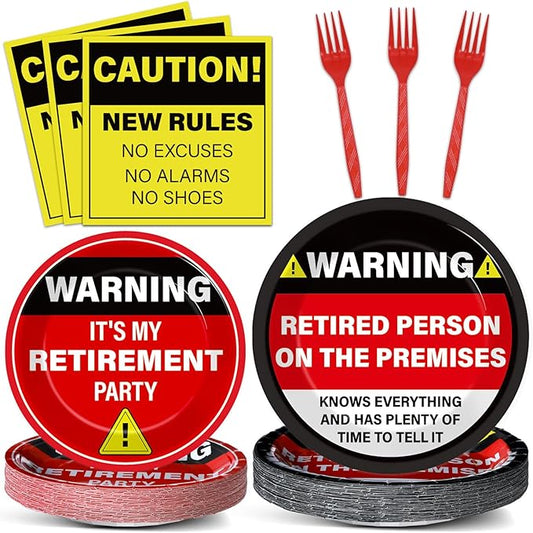 Qyeahkj 100 Pcs Funny Happy Retirement Party Supplies Caution Retirement Paper Plates and Napkins Set Disposable Warning Sign Tableware Decorations for Men Women Farewell Going Away Party Serves 25