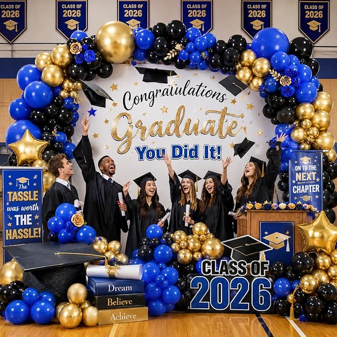 Black Blue Balloon Arch Kit, Black and Dark Blue Balloon Garland with Gold Latex Balloons, Black Blue Gold Balloon Arch Garland for Birthday, Baby Shower, Wedding, Anniversary Party Decorations