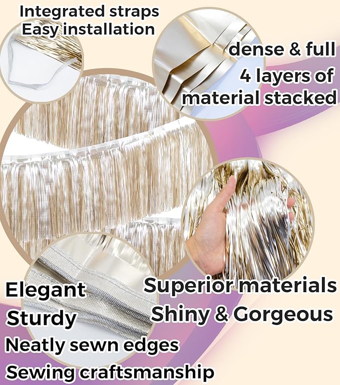 Premium Matte Champagne Gold Fringe Tassel Garland Banner -4 Layers Thick, 2 Pack | LILF Metallic Tinsel Streamers for Party Decorations Birthday Wedding Photo Booth Wall Hanging Decor