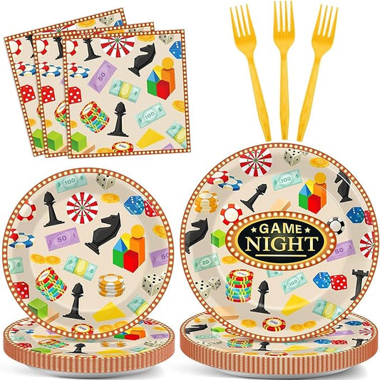 Qyeahkj 100 Pcs Game Night Party Decorations for Family Game Night Plates and Napkins Casino Video Game Paper Dinnerware Table Supplies Disposable Gamer Theme Birthday Party Tableware Decor Serves 25