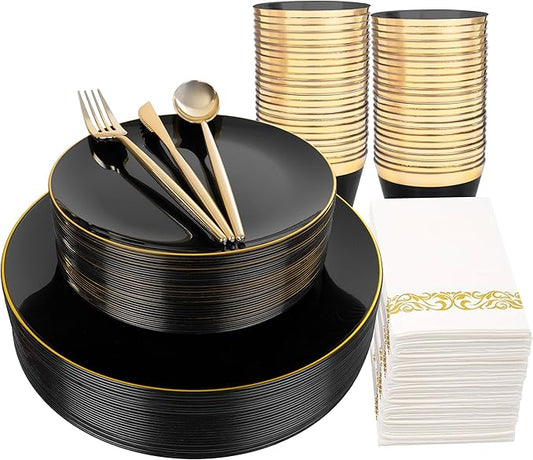 MirthMood 350Pcs Black and Gold Disposable Plates,Black Plates, Black and Gold Plates Include 30 Dinner,Dessert Plate,30 Cup&30 Napkins, 90 Gold Silverware for Wedding & Party & Birthday