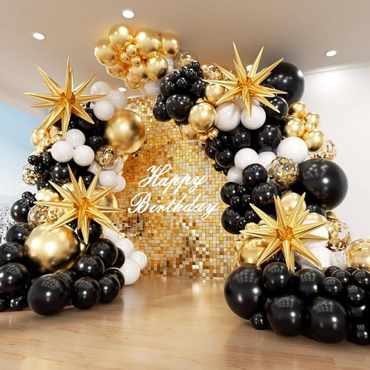 Black and Gold Balloon Arch Garland Kit with Star, 22 18 12 10 5in Different Size Black Metallic Gold White Latex Balloons for Birthday Anniversary 2026 Graduation New Year Party Decoration