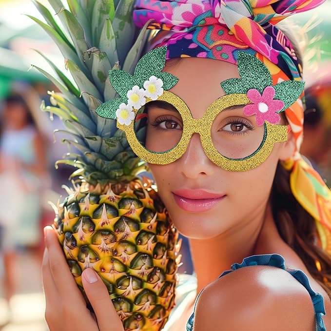 6 Pcs Hawaiian Luau Party Glasses Decor - Glitter Tropical Sunglasses Frames, Novelty Costume Eyeglasses Photo Props for Adults, Fun Summer Beach Party, Pool Party, and Vacation Decorations
