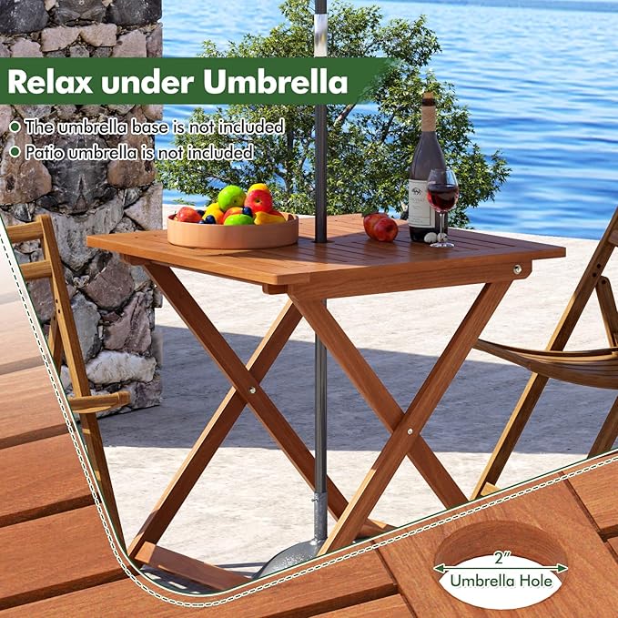 Tangkula 29.5-Inch Square Patio Dining Table, Solid Wood Folding Outdoor Bistro Table with Teak Painting & 2" Umbrella Hole, Outdoor Dining Table for Balcony, Deck, Porch, Backyard