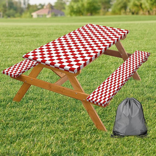 Picnic Table Cover with Bench Covers and Bag, Red and White Checkered Gingham Buffalo Plaid Camping Tablecloth Waterproof Windproof Elastic Edges Fitted Tablecloths for Outdoor Garden 3PCS 30x96 Inch