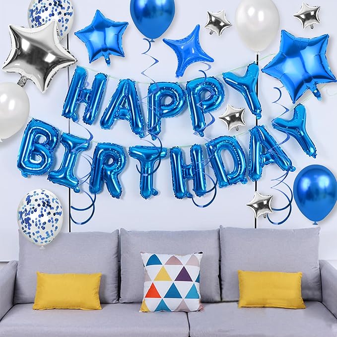 56 PCS Happy Birthday Balloons Happy Birthday Banner Silver and Black Balloons for Boys Men Girls Women 16th 18th 20th 21st 25th 30th 40th 50th 60th Birthday Party Decorations (Blue)