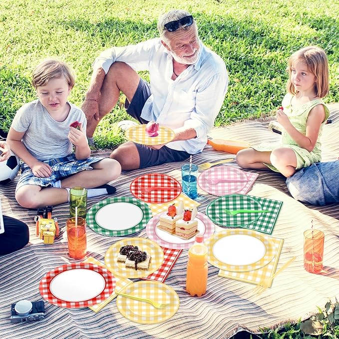 96 Pcs Camp Checkered Paper Plates and Napkins Plaid Checkered Bachelorette Party Supplies Glamping Birthday Tableware Set Spring Summer Plaid Camping Themed Party Favors Baby Bridal Shower