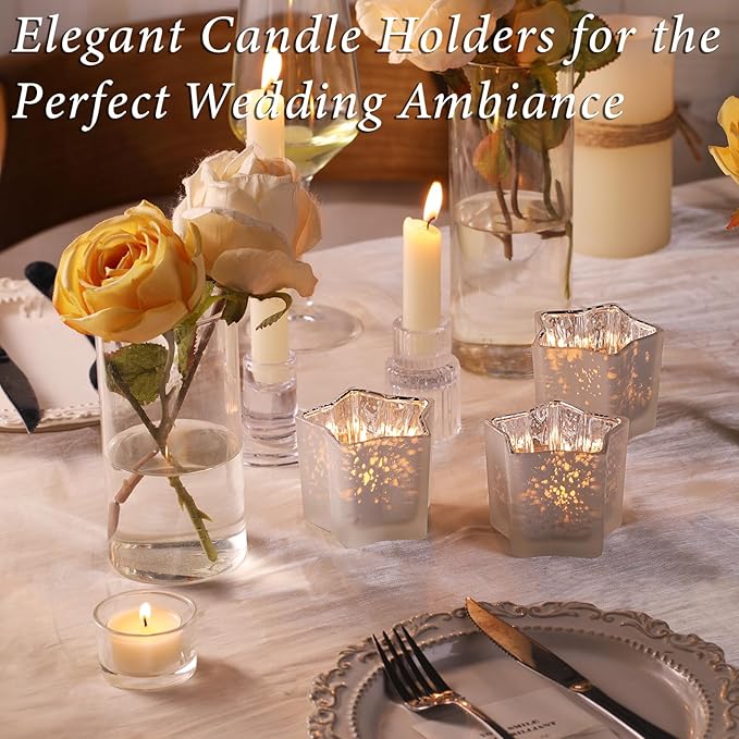 Letine 8pc Frosted White Star Tea Light Candle Holders - Mercury Glass Votive Holders for Wedding, Diwali, Fall & Holiday Decor - Elegant Starlight Vessels (2.44" Height, 1.45" Base)