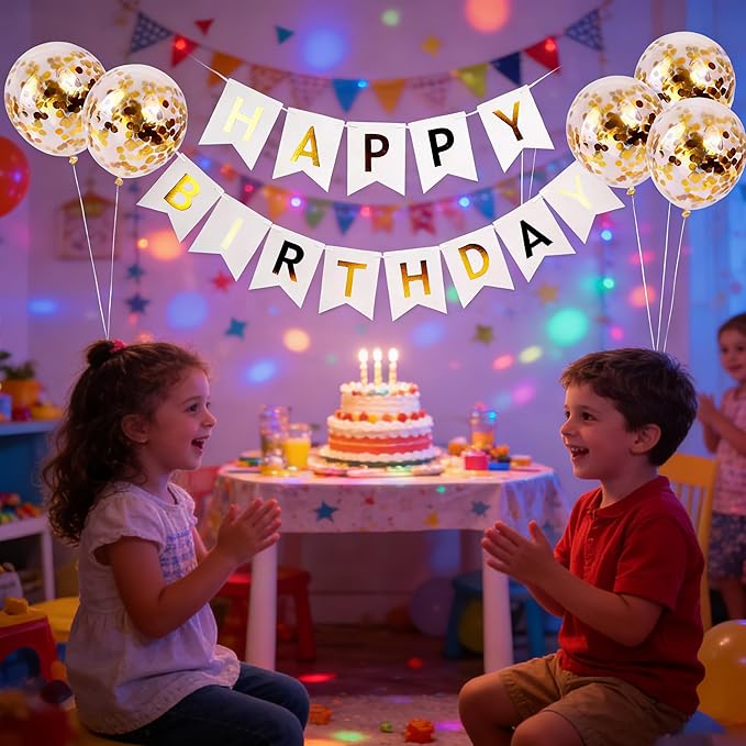 Happy Birthday Banner Sign Bunting Hanging Decorations with Shiny Gold Balloons Birthday Party Sign Decor for Party Supplies(white)