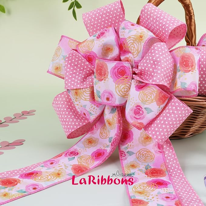 LaRibbons Pink Floral Ribbon Wired 2 Rolls 2.5 Inch x 20 Yards TTL, Rose Flower and Polka Dot Burlap Ribbon for Spring Summer Mothers Day Crafts Gift Wrapping Wreath Bow Decoration