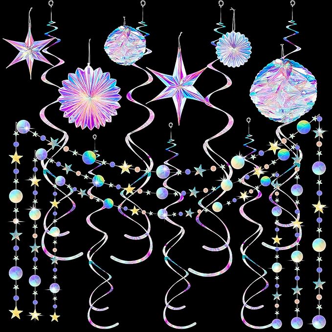 29 Pieces Iridescent Holographic Party Supplies Kit with Hanging Honeycomb Ball Decorative Paper Fan Snowflake Garlands White Star Hanging Swirl Decorations for Birthday Wedding Party Home