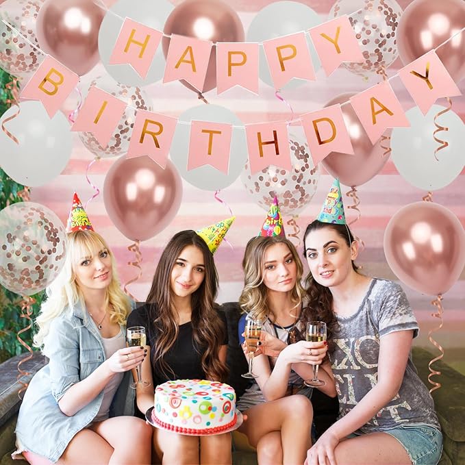Happy Birthday Banner, Rose Gold Birthday Decoration, 16 pcs 12 inch Balloons with 2 Ribbons for Girl and Women Party Decoration