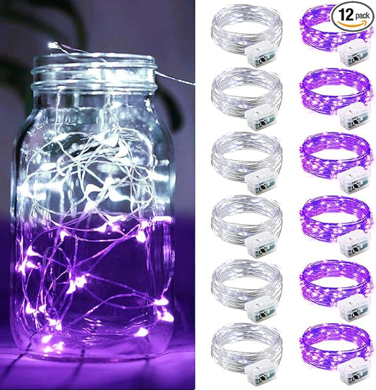 ZGWJ 12 Pack Battery Powered Fairy Lights, Mixed Colors 7Ft 20 Mini LED Silver Wires, 3 Modes for DIY, Party, Wedding, Bedroom, Halloween Christmas Decoration (White & Purple)