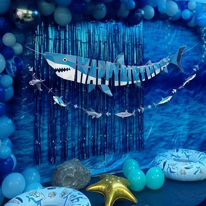 Cheerland Shark Birthday Party Decorations Happy Birthday Banner Hanging Shark Garland Decor Geometric Style Under The Sea Nautical Ocean Theme Pool Party Supplies