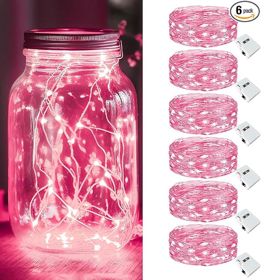 kolpop 6 Pack LED Fairy Lights Battery Operated, Mini Twinkle String Lights Battery Powered Waterproof for Christmas Mason Jars Party,Pink