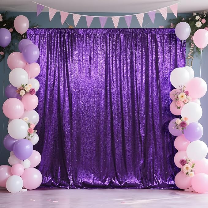 SquarePie 8x8ft Purple Sequin Backdrop, High Density Non-Transparent Glitter Curtain for Photography, Birthday, Wedding Party Decorations, Thick Solid Background with 4" Rod Pocket, 1 Panel