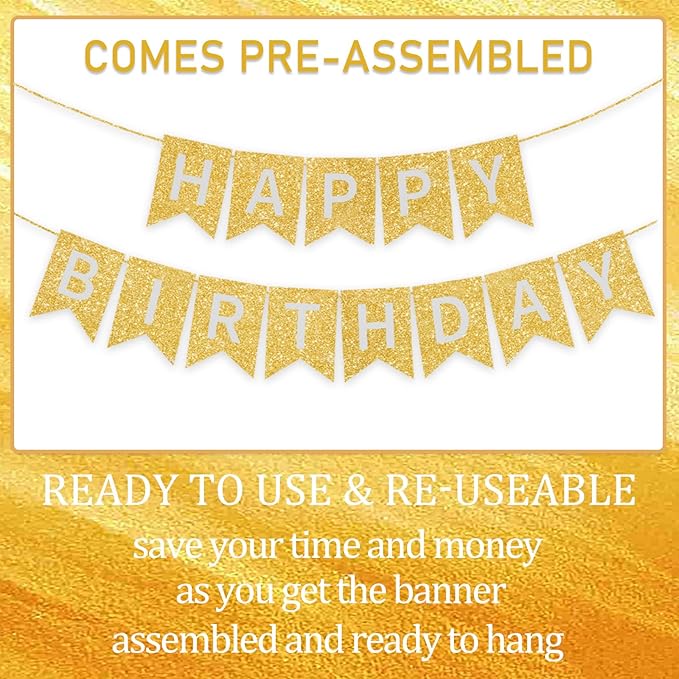 Gold Happy Birthday Banner - 16 ft Pre-Strung Gold Birthday Party Decorations Sign for Girls, Boys, Kids, Women - No DIY Hanging Backdrop for Indoor & Outdoor Celebrations