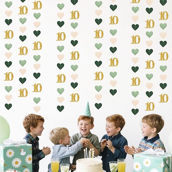 Sage Green Gold 10th Birthday Decorations Sage Green Gold Heart Garland Streamer Banner Backdrop for Girls Happy 10th Birthday Double Digits I'm 10 Cheers to 10 Years Old Anniversary Party Supplies