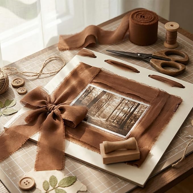 Handmade Chiffon Ribbon 1.5 Inch Wide, 3 Rolls 21 Yards, Earth Tone Frayed Edge Ribbon for Wedding Details, Floral Bouquets, Invitations & Craft Decor (Brown)