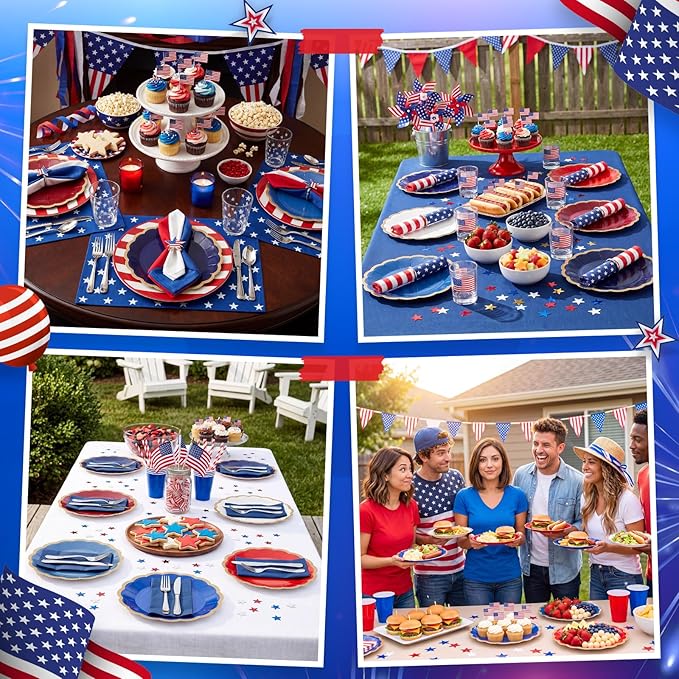 48 Pcs 4th of July Paper Plates 9 Inch red white and blue Scalloped Paper Disposable Dinner Dessert Plates for Birthday Wedding Bridal Party Supplies, 6 Colors