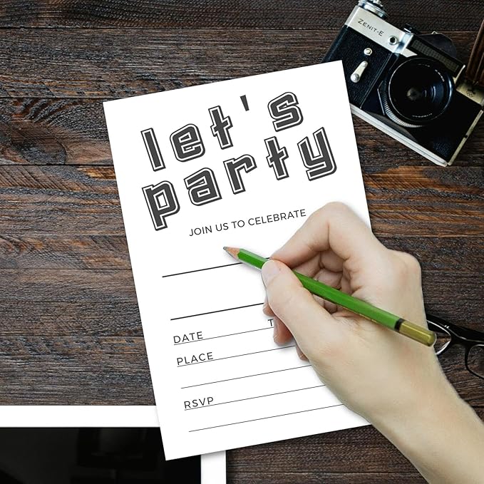 Let's Party Birthday Invitations, Simple Black and White Design Invites with Envelopes for Kids Boys Girls Teens, 25 Pcs 4x6 Inch (Black Simple)