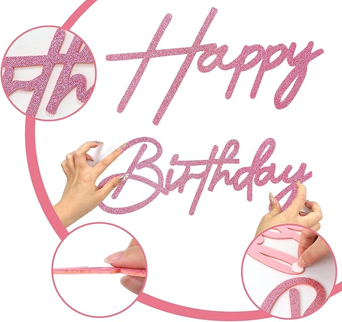 Happy Birthday Sign for Backdrop - Glitter Pink Felt 'Happy Birthday' Letter Sign for Balloon Arch Backdrop Decorations