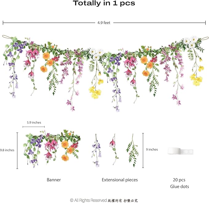 Cheerland Flower Banner Wildflower Garland Floral Party Decorations Whimsical Decor for Enchanted Garden Floral Woodland Theme Picnic Girls Birthday Tea Party Garden Wedding Onederland Baby Shower