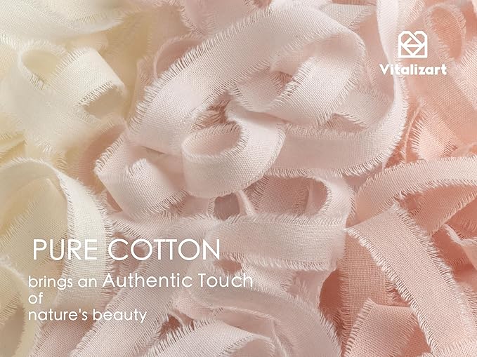 Vitalizart Pink Cotton Ribbon Handmade Fringe 5/8" x 21 Yd Pink & Cream White Pure Natural Cotton Ribbons for Valentines Day Gift Wrapping Wedding Invites Bridal Shower Bouquets Holiday Decor