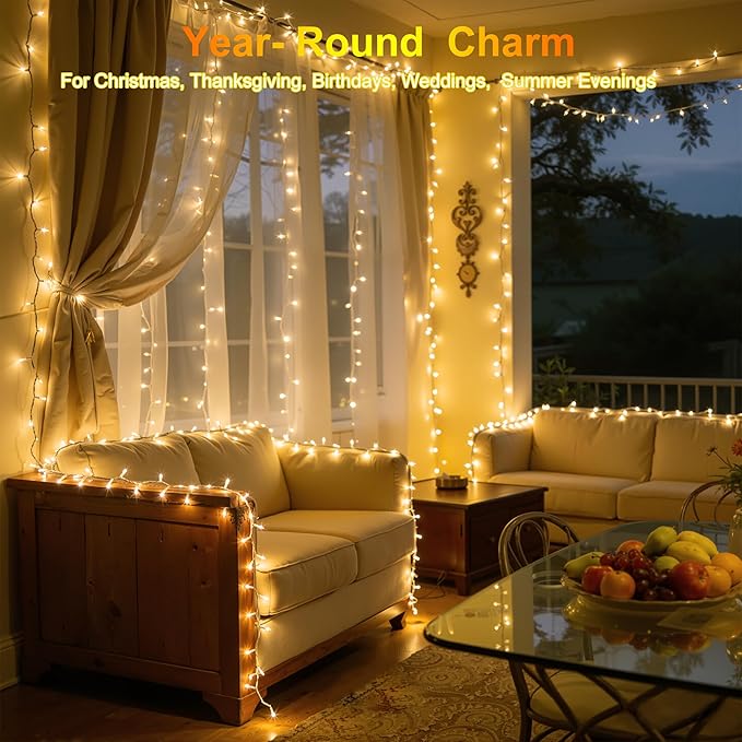 350LED 90FT Christmas Lights Indoor Outdoor, 12 Modes Warm White Outdoor String Lights with Timer & Dimmable, Green Wire Christmas String Lights for Indoor Tree Patio Yard Fence Bedroom Wedding Garden