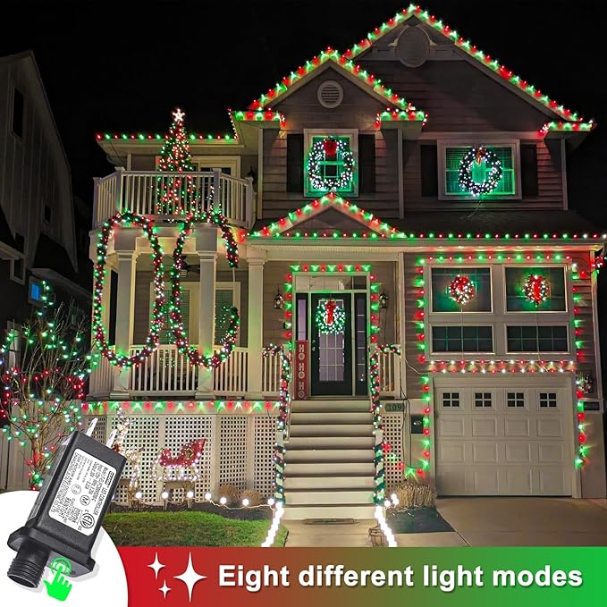 250 LED Christmas Lights Outdoor,82ft Red and Green String Lights for Bedroom Clear Wire, 8 Modes Plug in Waterproof Fairy String Lights with Timer Memory for Tree Christmas Halloween Decorations