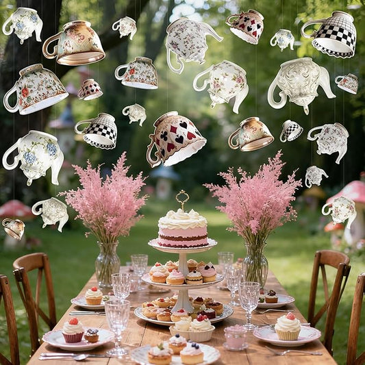 24pcs Tea Party Hanging Decorations, Teapot and Teacup Paper Garland Banner, 3 Sizes Wonderland Style Decor for Onederland Birthday and Baby Shower