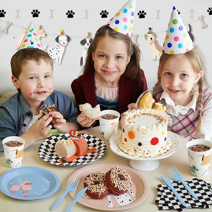 144Pcs Pet Dog Birthday Party Supplies Decorations Puppy Themed Paper Plates Napkins Vintage Puppy Party Tableware Disposable Pet Dinnerware Set for Kids Birthday Baby Shower Table Decor, Serve 24
