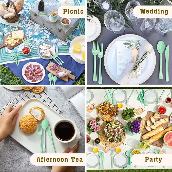 150 PCS Sage Green Plastic Silverware Heavy Duty Mint Green Utensil Sets Include 50 Disposable Plastic Forks, 50 Knives, 50 Spoons for Birthday, Baby Shower, Picnic, Spring Party, Wedding