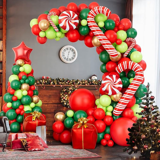 Christmas Balloon Garland Arch kit with Xmas Red Gold Dark Green Balloon Fresh Green Balloon and Candy Balloons Gift Box Balloons Red Star Balloons Rich for Christmas Party Decorations