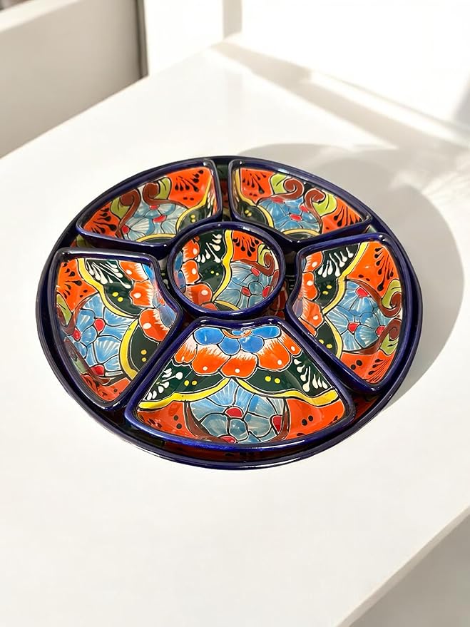 Handmade 7-Piece Talavera Appetizer Tray | Sectional Botanero Party Platter for Dips, Sauces & Charcuterie