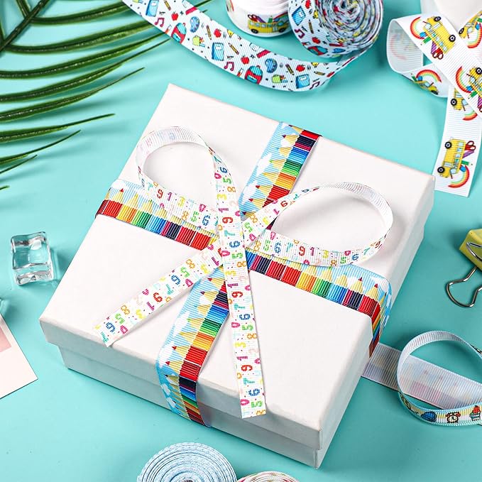 School Theme Ribbon Teacher Grosgrain Ribbons Decorative School Craft Ribbon for Back to School DIY Crafts Teacher Appreciation Gifts Wrapping 3/8, 4/5 Inch, 10 Rolls 50 Yards in Total