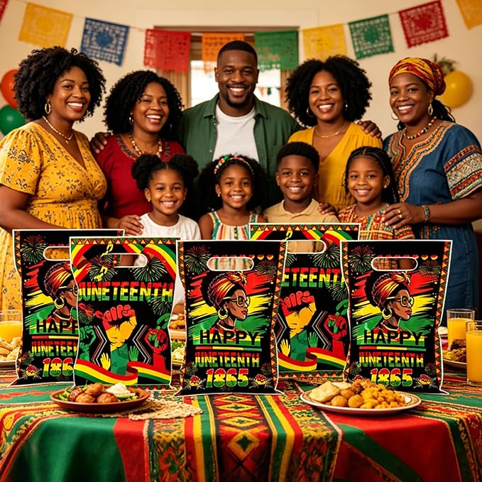 MOIZYNG 50Pcs Juneteenth Bags with Handles, Happy Juneteenth Plastic Candy Treat Goodie Gift Bags for African American June 19th Black Freedom Day Party Favors Supplies