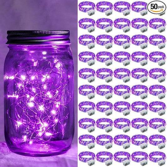 50 Pack Purple Fairy Lights 7Ft 20 LED Twinkle String Lights 3 Modes Battery Operated Waterproof Firefly Starry for Mason Jar Wedding Halloween Christmas Valentines Day Party Table Centerpieces